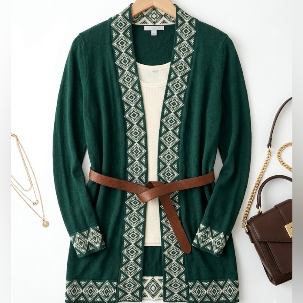 Octavia Green Cashmere Blend Open Front Cardigan Geometric Jacquard Trim Boho